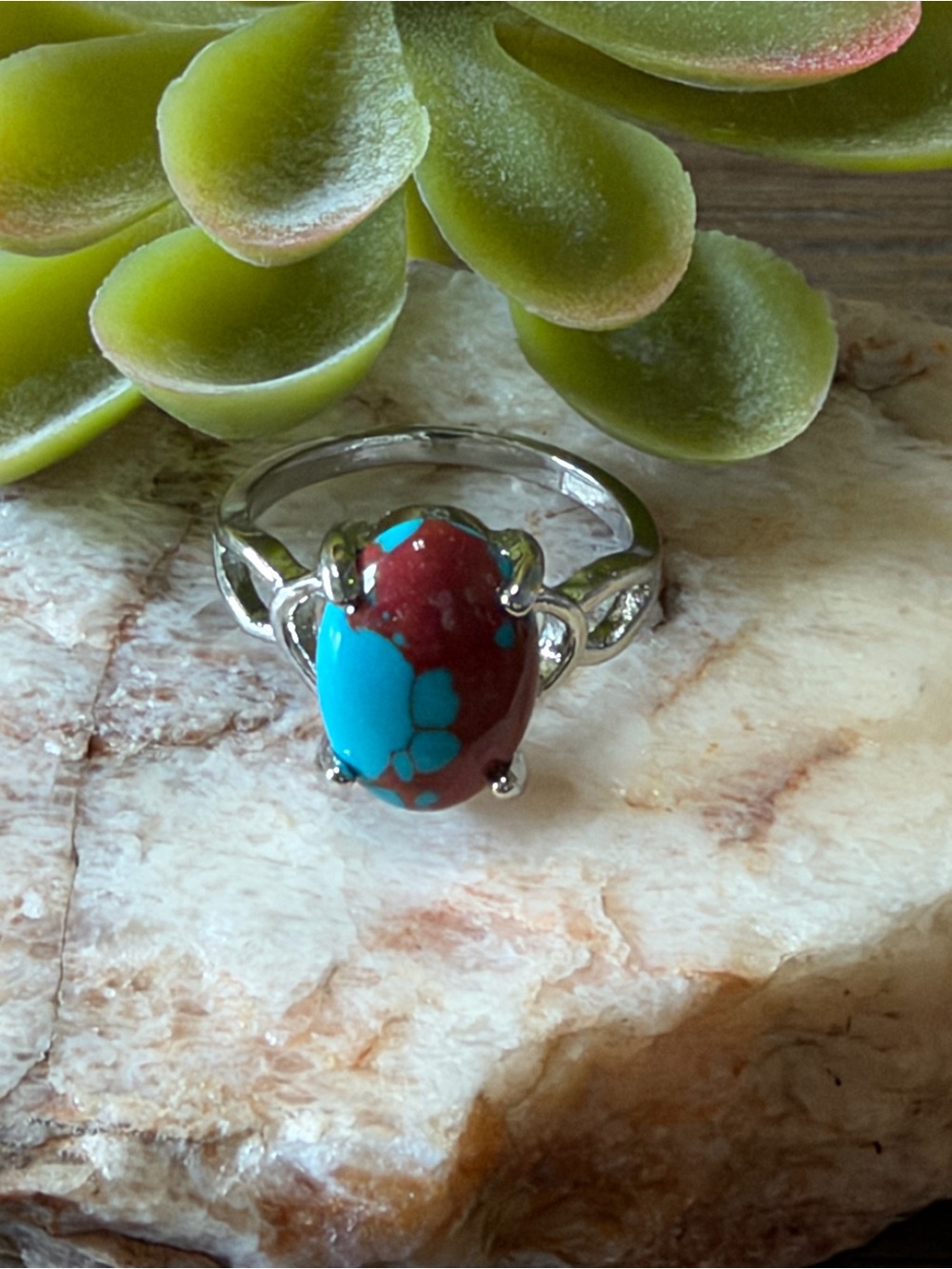 Turquoise & Red Oval Stone Ring - Women Jewelry size 9